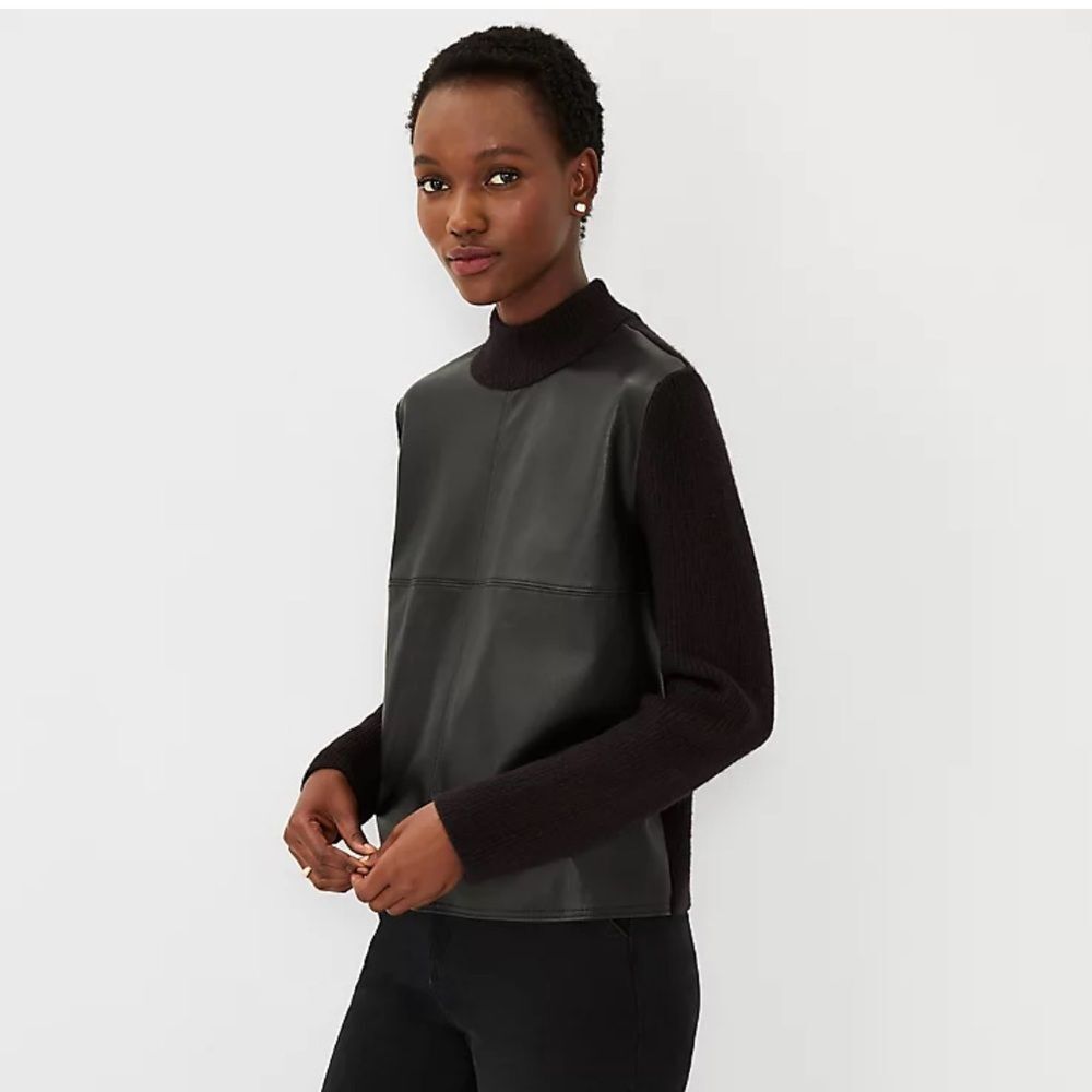 Ann Taylor Faux Leather Mixed Media Sweater in Black L